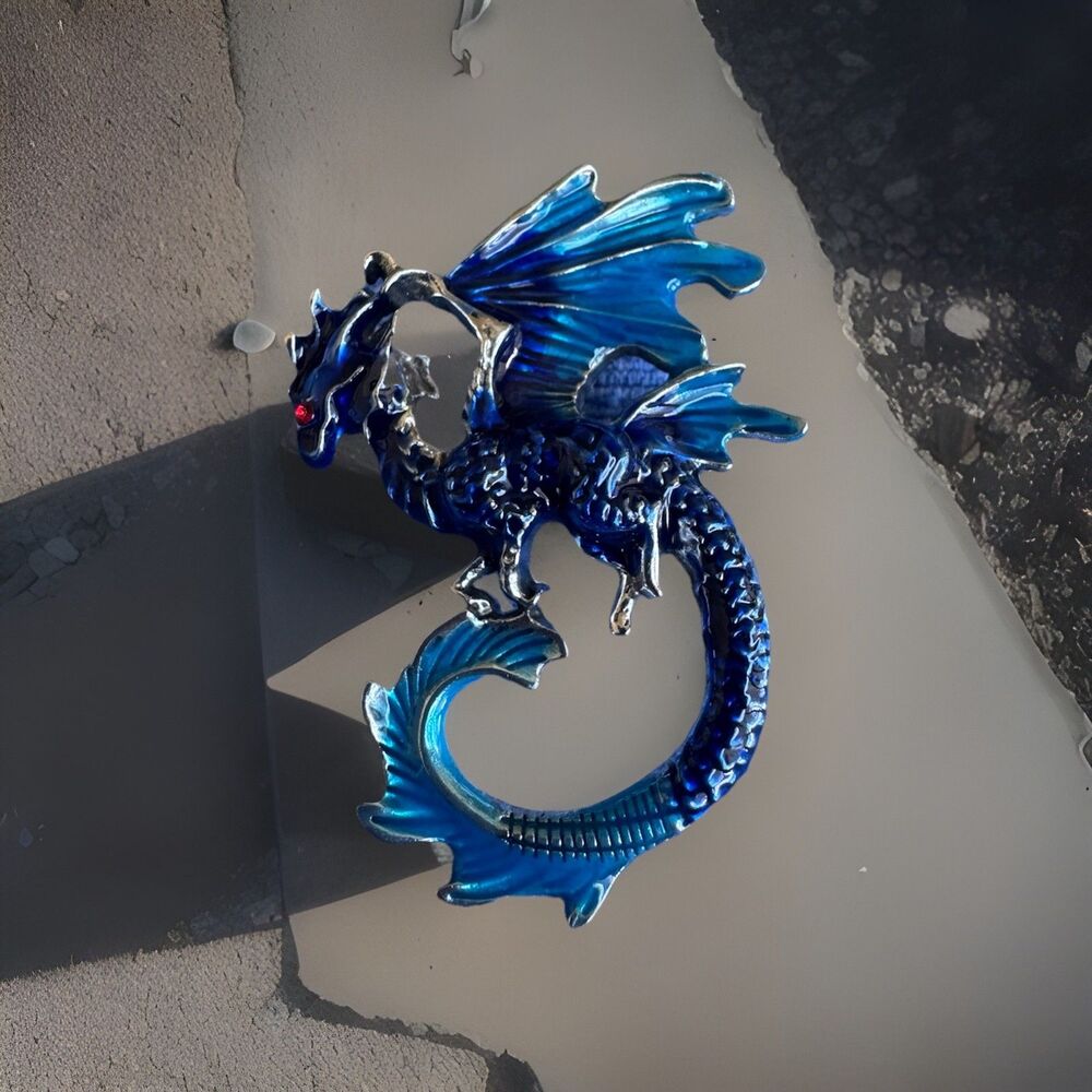 Vintage Blue Enamel Dragon Brooch Pin Silver Tone Red Rhinestone Eye Fantasy